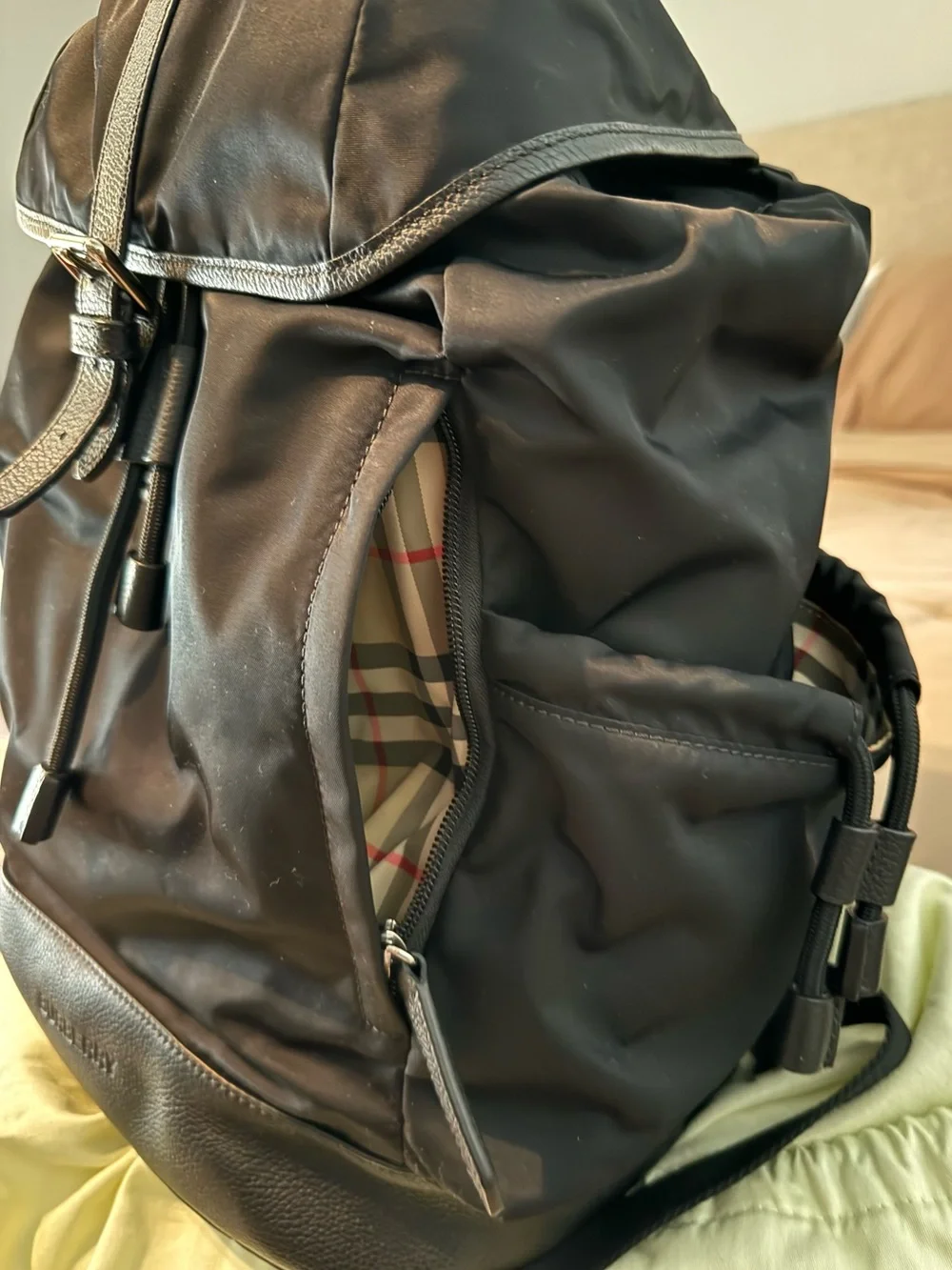 AUTHENTIC Burberry Diaper Bag Backpack. With Black nylon and leather trim.